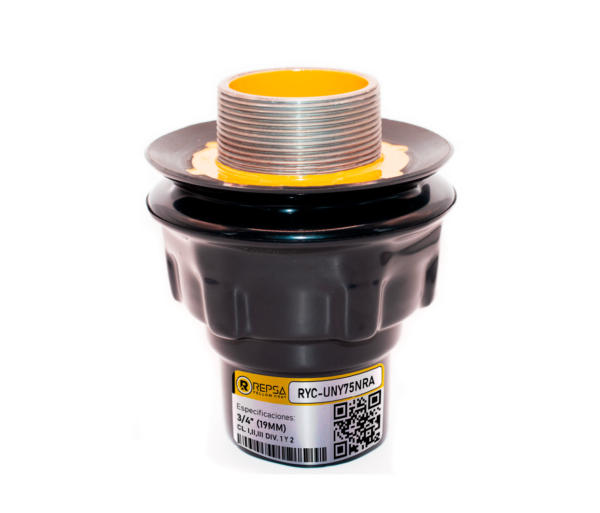 Tuerca unión con recubrimiento exterior de PVC e interior con uretano amarillo, marca REPSA Yellow Coat®.